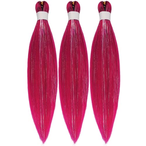 Tinsel Kids Braiding Hair Pre stretched Magenta Pink Braiding Hair for Glitter Braids Festival Braids Christmas Cosplay