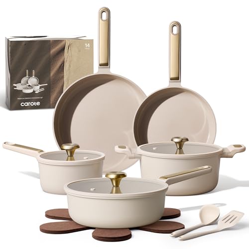 Image of CAROTE Ceramic Cookware Set Nonstick, 14pcs Pots and Pans Set Nonstick, Non-Toxic & PFAS-Free, Dishwasher, RV/Camping Cookware Set, Cooking Pots with Lids, Light Taupe