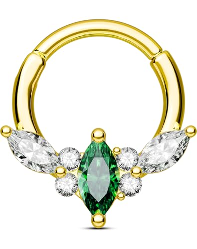 OUFER Gold Daith Piercing Jewelry Green CZ Septum Rings 16G, 316L Surgical Steel Septum Piercing Jewelry, Hinged Segment Daith Helix Cartilage Earrings For Women Men 8MM
