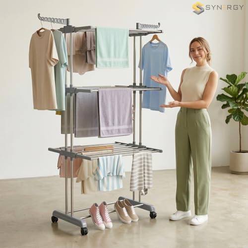Image of Synergy - Premium Heavy Duty Stainless Steel Clothes Drying Stand | Cloth Dryer Stand | Cloth Stand for Drying Clothes Foldable | Cloth Hanging Stand | Cloth Drying Stand (3-Tier) Grey - SY-CS20