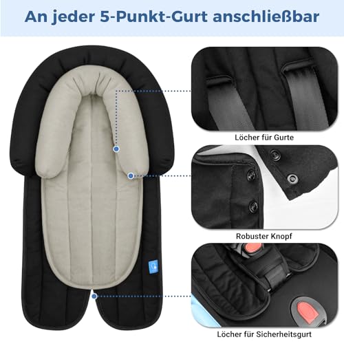 INFANZIA 2-in-1 Baby Sitzverkleinerer Universal für Alle Kinderwagen,Babyschale Einsatz und Kopfstütze für Neugeborene und Kleinkinder, Extra Weich, Ideal für Alle Jahreszeiten, Baumwolle, Schwarz