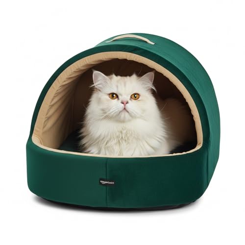 Image of Amazon Basics Pet Bed Cave | Soft & Warm Indoor Tent Bed for Cats, Kittens & Small /Medium Dogs (Pug, Beagle, Shih Tzu) | Foldable with Removable Cushion | Emerald Green & Beige | 59 x 56 x 48 cm