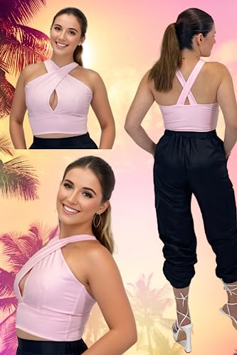Cross Neck Cut Out Halter Top Criss Cross Summer Tops Sleeveless 4 Way Stretch Slim Fit Sexy Tops Dressy Light Pink #TOP1