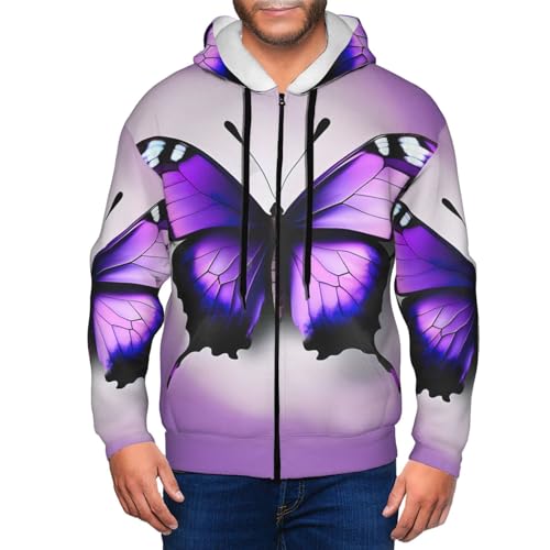 Pull à capuche homme violet imprimé papillon avec fermeture éclair et cordon