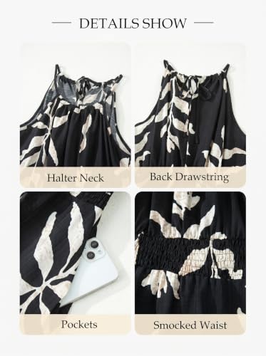Image of BLENCOT Womens Summer Beach Halter Neck Dresses Casual Smocked A Line Floral Mini Dress with Pockets