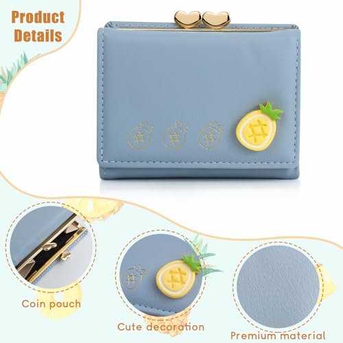 Small Wallet Women, Trifold Ladies PU Leather Wallet Cute Fruit Card Holder with Multi Card Slots 1 Coin Pocket (Blue)4