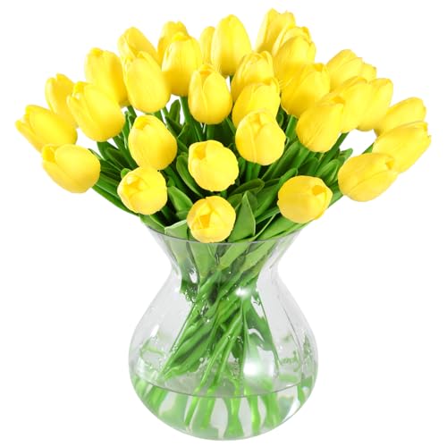 JUSTOYOU 20pcs Real Touch Latex Artificial Tulips Flowers Fake Tulips Flowers Wedding Bouquets for Wedding Home Garden Decoration(Yellow)