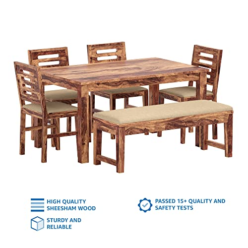 Image of Amazon Brand - Solimo Solid Sheesham Wood Kotili Six Seater Dining Table Set with 4 Cushioned Chairs and 1 Cushioned Bench | Wooden Furniture for Dining Room Kitchen and Home (Natural Finish)