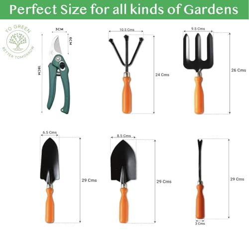 Image of Yo Green Gardening Hand Tools Set - 6 Pcs (Cultivator, Big and Small Trowel, Weeder, Fork, Pruner), Gardening Tools for Home Garden, Durable Plant Tool Kit, Farming Tools (6 Pc Tool Set)