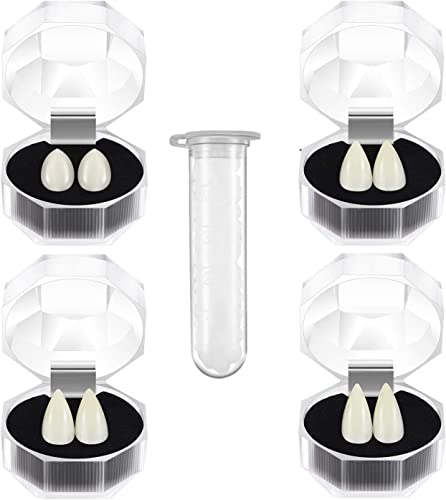 Ninevi Eastor 4 Pièces Kit de Crocs de Vampire ,Accessoires de Fête de Cosplay Faveurs de Crocs de Fête d’Halloween,Vampire Faux Dentiers avec Adhésif à Pastilles de Dents (13 mm, 15 mm, 17 mm, 19mm) Cover