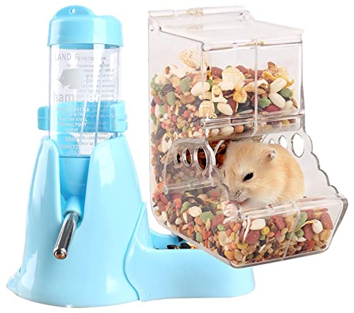 Hamster Automatic Feeder Dispenser For Small Animal Rhamster Ferret Bunny Rabbit Pig Hedgehog Bird Feed Pets, Mini Auto Food Feeding Cage Water Bowl For Vacation（1Pcs Feeder+1Pcs Water Bowl(Blue) #TOP6