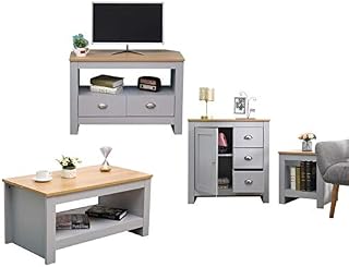 CF Furniture Living Room 4 Piece Set Lamp Table Coffee Table TV Stand Multi Storage Cupboard Modern Simple Practical Grey+Oak