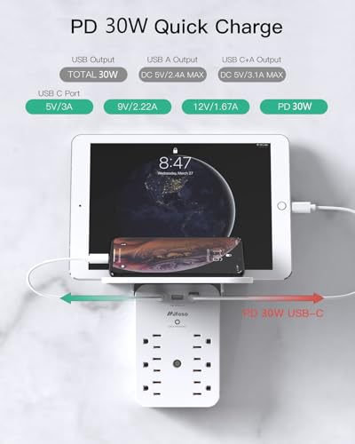 Image of Wall Outlet Extender with Shelf, Surge Protector 6 AC Multi Plug Outlet, PD 30W USB Charger Station Splitter Expander for Home Room