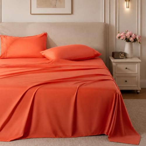 ROSE&RISY Orange Red Queen Sheet Set 4 Pieces Soft Bedding Queen Sheet Set Breathable and Cooling Sheet Bed Set Includes 1 Fitted 1 Flat 2 Pillow Cases - Deep Pocket (Orange Red Queen Size)