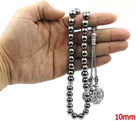 Natural Terahertz Stone tasbih Energy Stone with Metal KAZAZ Turkish Tassel 33Paryer Beads Muslim misbaha Bracelet (8mm x 66 Beads)