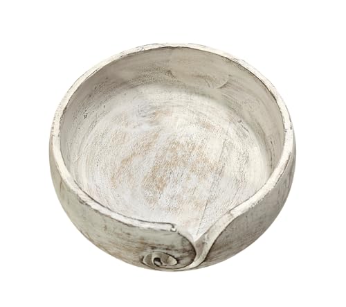 Image of Handmade Acacia Wood Yarn Bowl - Large Knitting & Crochet Holder for Tangle-Free Crafting - 6.5 inch x 3 inch (Antique White) - Gift for Knitters & Crocheters