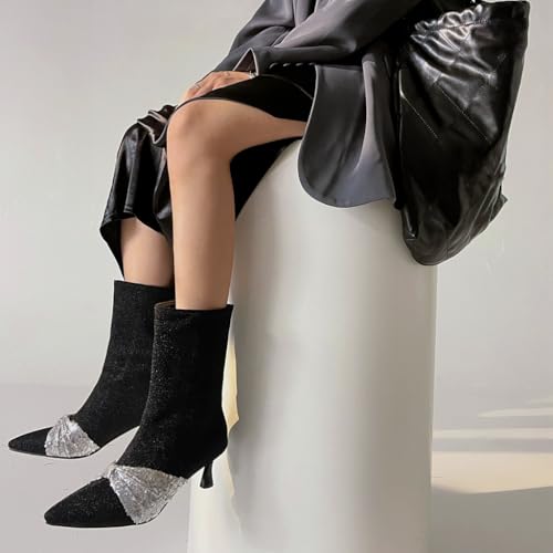 Women's Pointed Toe Kitten Low Heels Ankle Boots Glitter Sequins Pull On Elegant Bowtie Dressy Short Booties4