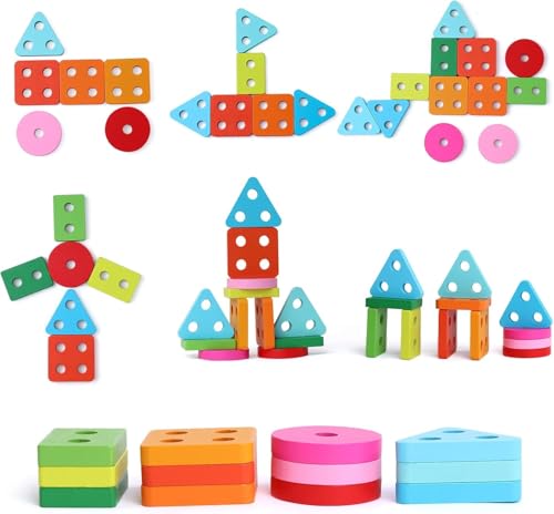 Image of SHINETOY Wooden Puzzle, Stacking, Shape Matching, Inlay, Toys, Montesorry, Stick Passing Blocks, Wooden Car Toy, for Children 1 Years, 2 Years, 3 Years, Boys, Girls, Babies, Shape Recognition