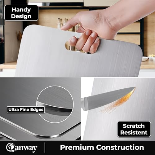 Image of CANWAY Stainless Steel Chopping Board 31x21 cm with Handle|Anti-Slip Cutting Board for Kitchen|Hygienic & Easy Clean|Ideal for Vegetables, Fruits & Meat|Heavy-Duty Non Slip Chopper|Medium Large