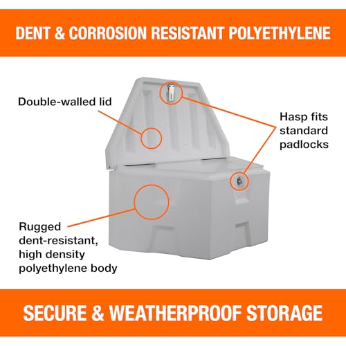 Image of Buyers Products 1701679 White Poly Trailer Tongue Box, 18 x 19 x 36 Inch, Made in the USA, Trailer Tongue Tool Box For Storage And Organization, Trailer Storage Box