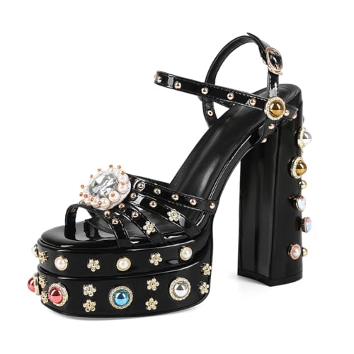Image of Feinlina Rhinestone Platform Chunky Heels for Women Open Toe Ankle Strap Dress Pumps with Gems Green Pink Floral Print Embroidery Wedding Party Sandals