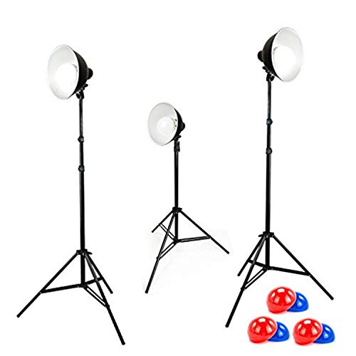 Julius Studio [Set of 3] Continuous Bowl Reflector Lighting Kit with Light Stand Tripod, Energy Saving LED Photo Bulb, and Red & Blue Color Filters, JSAG421