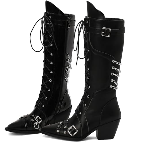Women Goth Cowboy boots Gothic Steam Punk Boots Knee High Buckles Rrivets Witch Boots Pirate Vintage Block Rave Western Boots