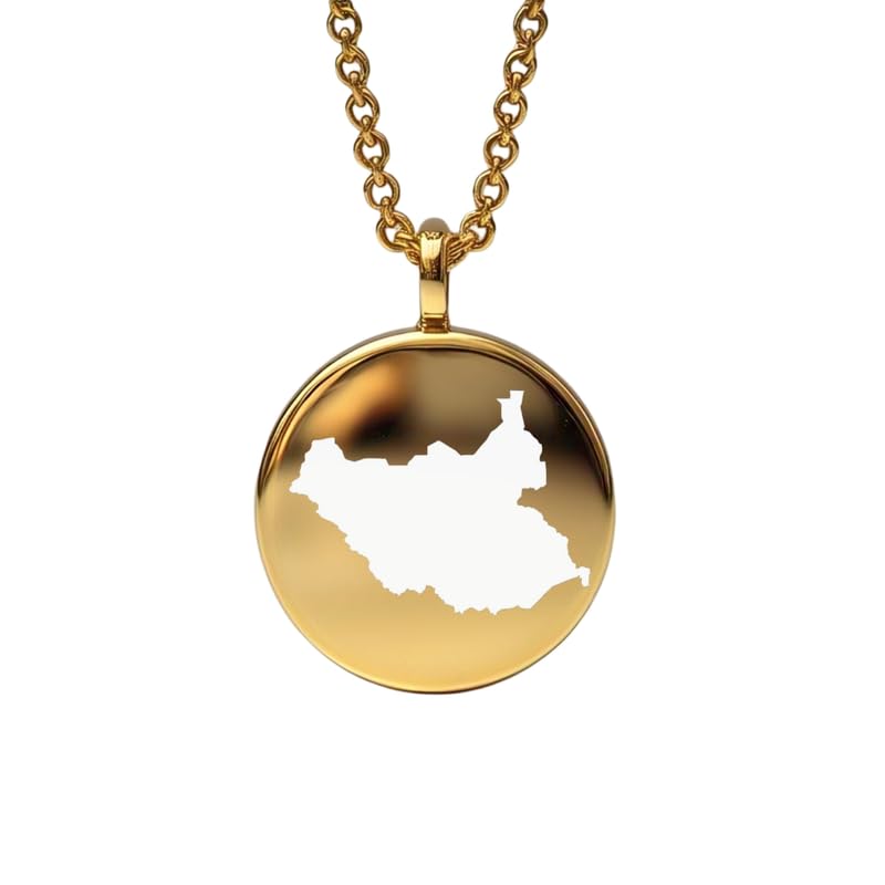 Pendentif carte du Soudan du Sud en argent sterling plaqué or 14 carats, forme ronde de 24 mm et épaisseur de 1,5 mm, breloque Terre, bijou de voyage délicat | Médaillon gravé Aventure | LKB_MAP_603