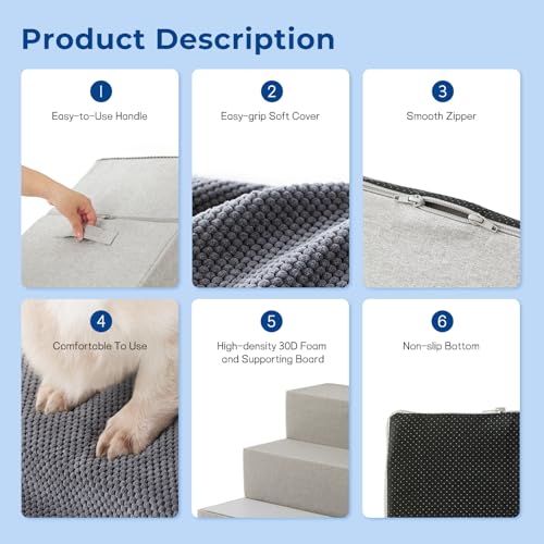 Dog Stairs for Small Dogs - Pet Stairs 2 in 1 with Zippers Suitable for Couch and Bed, 35D Foam Dog Steps with Non Slip Bottom Grey 4 Steps, Grey - Image 6