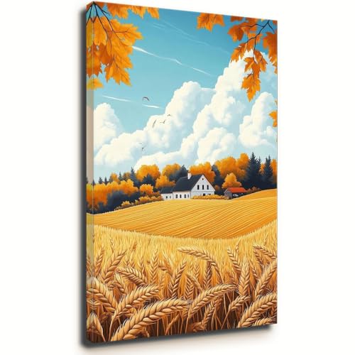 Golden Wheat Field Farmhouse Canvas Wall Art - Rural Autumn Landscape Oil Painting - Wood Framed Countryside Nature Artwork for Living Room Dining Room (Framed,08×12 inch)