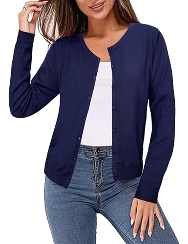 Irevial Cardigan Mujer Manga Larga Ligero con Cuello Redondo,Chaqueta de Punto Estilo Básico Elegante Cárdigan Jersey con Botones Rebecas Casual para Primavera Otoño Azul marino M
