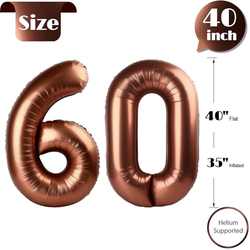 Image of Dark Brown Number 60 Balloon 40 inch, 60 Number Balloons, 60th Dark Brown Birthday Decorations, 60 Year Old Women Men Party Supplies