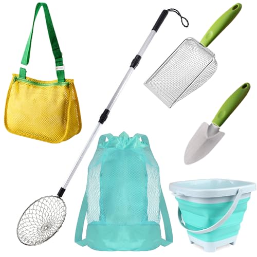 6 PCS Shark Tooth Sifter Beach Shell Collecting Bag Set, Mesh Shovel Shell Bags with Foldable Bucket (Green Edition)