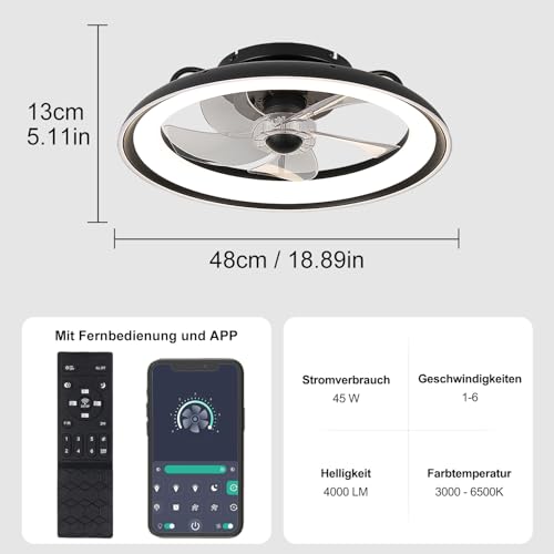 UVWHYZ Schwarzer Deckenventilator mit Beleuchtung (48cm) | Leise, 6 Geschwindigkeiten + Timer | LED Deckenlampe mit Fernbedienung & APP | Dimmbar 3000K-6500K | Für Schlafzimmer/Wohnzimmer