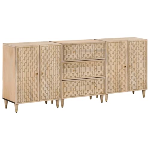 Favemtsl Juego de 3 armarios auxiliares de 60 x 33 x 75 cm de madera maciza de mango blanqueada con patrón retro tallado a mano, aparador moderno para salón, pasillo, dormitorio, balcón y cocina