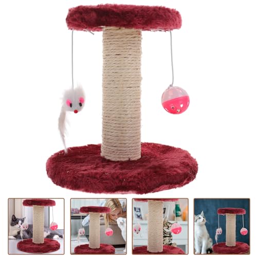 Rascador para gatos doble capa con postes de sisal y pelotas colgantes rojo oscuro miniatura 3