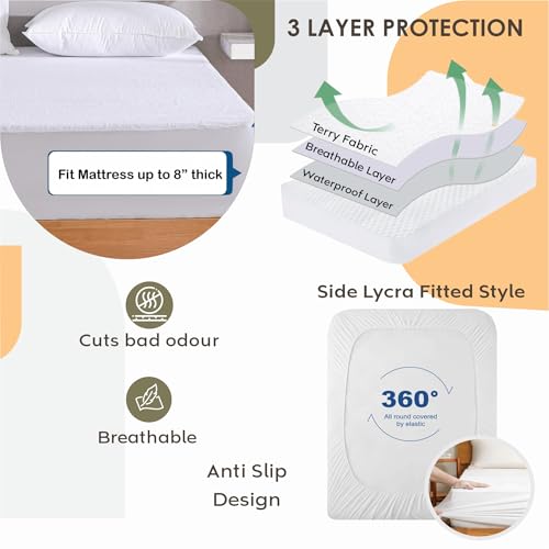 Image of Ayka 100% Waterproof Cotton Terry Mattress Protector Queen Size Breathable Hypoallergenic Noiseless Ultra Soft Fitted Bed Protector 72x60 inch Mattress Cover /Bed Cover (White, Queen (72 * 60 inch))