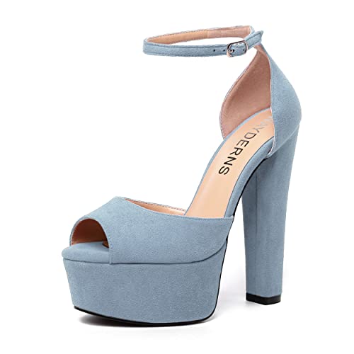 WAYDERNS Womens Fashion Buckle Suede Solid Party Platform Ankle Strap Peep Toe Block High Heel Pumps Shoes 6 Inch