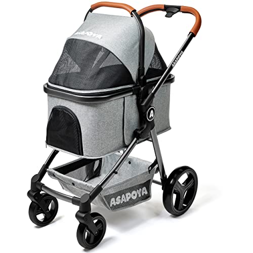 ASAPOYA Pet Stroller for Dog and Cat, Detachable Pet Travel Carrier & Car Seat, Aluminium Frame 4 Wheeler Travel Stroller for Pets, Lightweight and All Wheel Suspension, 45lbs Capacity Granite Grey
