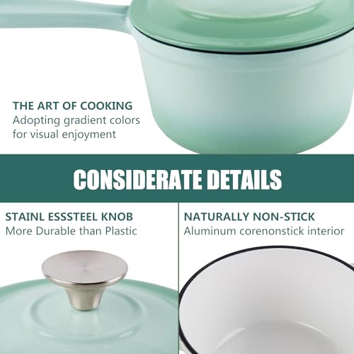 2 Quart Enameled Cast Iron Sauce Pan with Lid Mini Round Enamel Dutch Oven for Cooking Sauce Marinate Gravy Puddings Boiling Green Color - Image 5