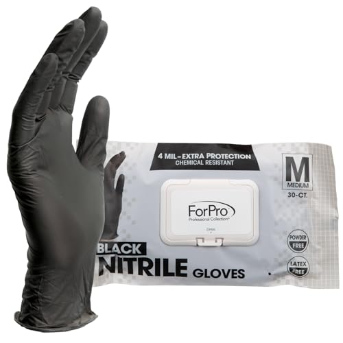 ForPro Professional Collection Disposable Nitrile Gloves, Chemical Resistant, Powder-Free, Latex-Free, Non-Sterile, Food Safe, 4 Mil, Black, Medium, 30-Count