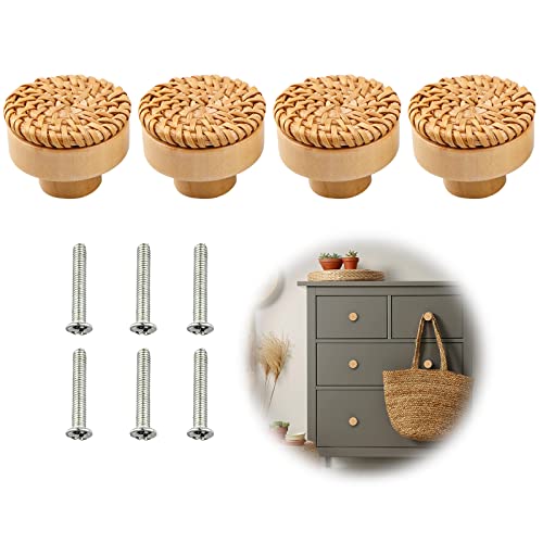 RUNEAY Pomos y Tiradores Vintage, 4 Piezas Pomos de Ratán Tiradores Cajones Madera Estilo Bohemio Perillas con 6 Piezas Tornillo para Armario Cajón Puerta Cocina Aparador Cover