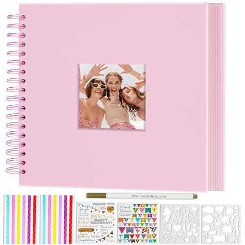 Miaikoe 20.5x20.5 cm DIY Scrapbook Album with Window Hardcover Kraft Blank Paper Scrap Book with 20 Sheets Photo Album for Guest Book, Family Wedding Anniversary (Pink)
