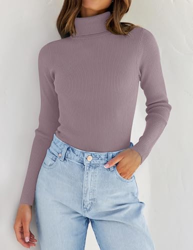 Image of ZESICA Women's Turtleneck Long Sleeve Shirts 2026 Spring Trendy Tops Slim Fitted Ribbed Knit Basic Casual Sweater