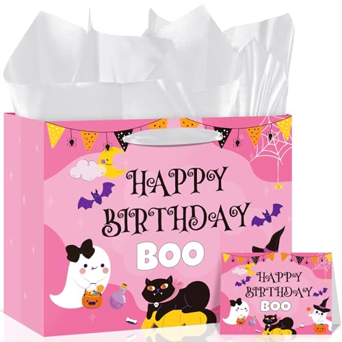 Innovoscape Halloween Birthday Gift Bag Pink Ghost Boo Gift Bag with Wrapping Paper Greeting Card Cute Trick or Treat Bag Goodies Bag for Boo Birthday Baby Shower Halloween Party Favors
