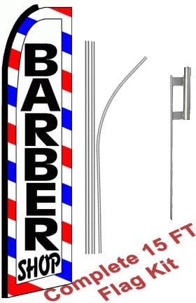 NEOPlex - "Barber Shop (Extra Wide)" Complete Flag Kit - Includes 12' Swooper Feather Business Flag With 15-foot Anodized Aluminum Flagpole AND Ground Spike