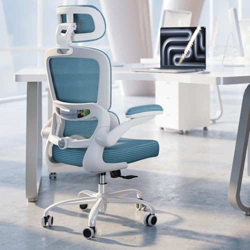 Image of TRALT Ergonomic Office Chair - Desk Chair with Adjustable Headrest Lumbar Support Computer Chair - Mesh Comfy Chair with Flip-up Armrests - Gaming Chairs for Adults Home Office (PU Leather, Blue)
