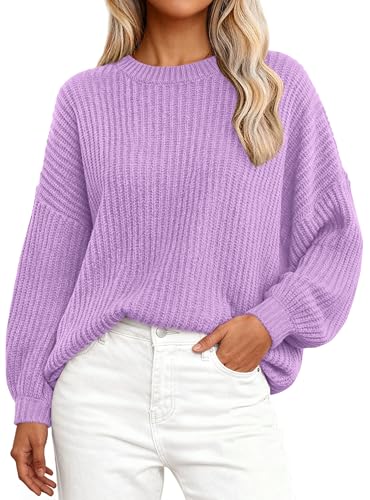 Image of PRETTYGARDEN Fall Sweaters for Women 2025 Fashion Long Sleeve Casual Ribbed Knit Winter Clothes Pullover Jumper Tops (Purple,Medium)