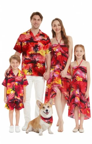 Image of Hawaii Hangover Family Matching Hawaiian Clothes, Sunset Red | Family matching Hawaiian outfits, Sunset Red, lightweight rayon, machine washable, tropical floral print, luaus, cruises