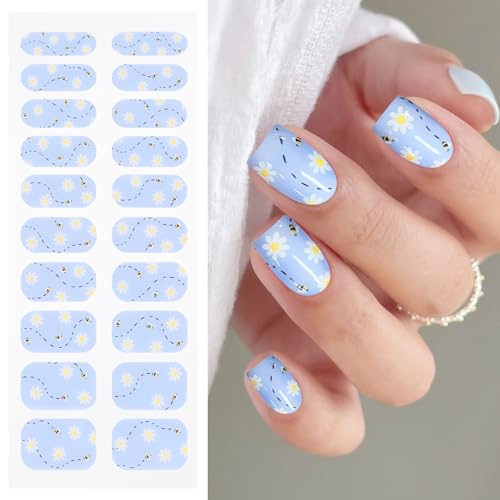 JMEOWIO Blumen Biene Hellblaue Nagel-Wraps